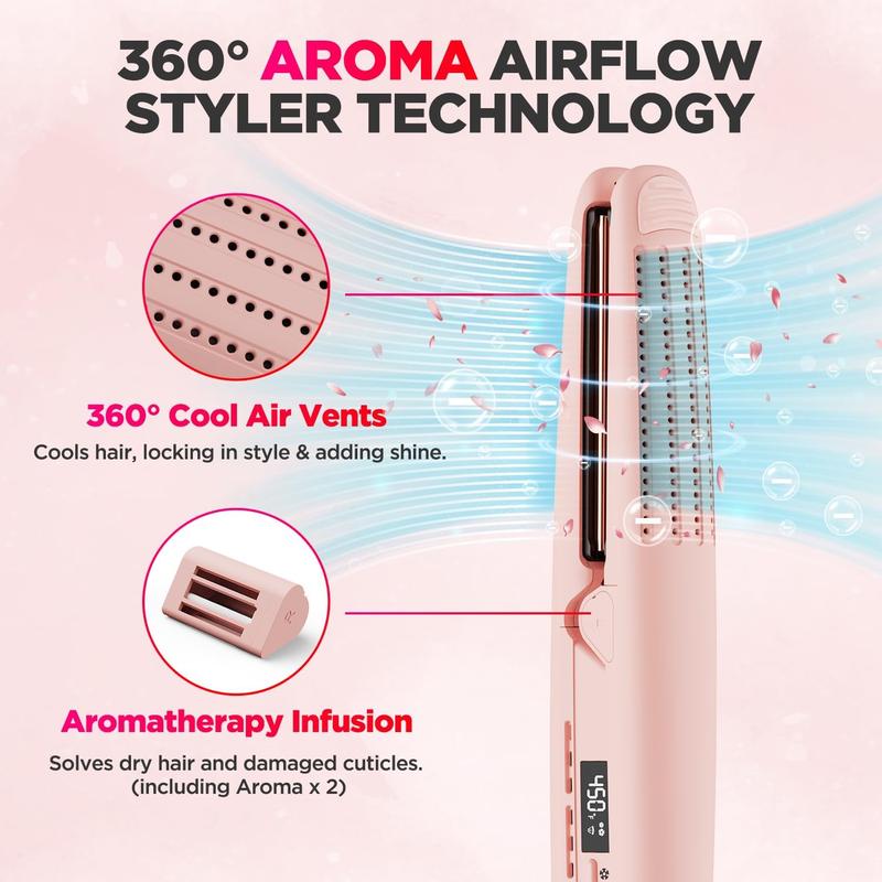 360° Airflow Styler Curling Iron, Titanium Flat Iron Hair Straightener and Curler 2 in 1, Professional Curing Wand with Ionic Aroma Cool Air, 13 Adjustable Temps, Dual Voltage for Long Hair Salon Comfort