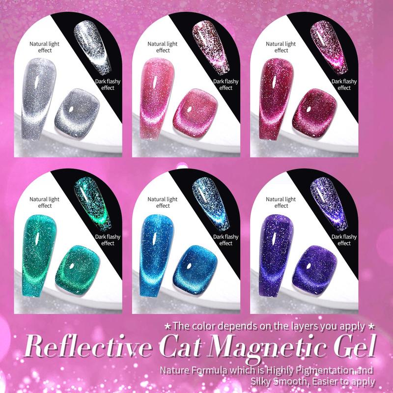 BORN PRETTY Reflective Cat Eye Gel Nail Polish Set With Magnetic Stick 6pcs Blue Cat Magnetic Gel Nail Art Reflective Gel Polish Need UV Lamp DIY At Home Salon Style Nail Care