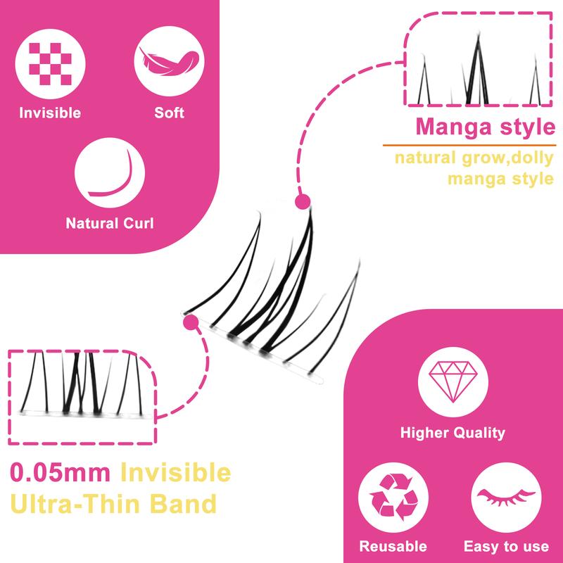 Fowendia Manga Lashes Cluster Lashes C D Curl DIY Lashes Extension Kit and Lash Clusters 8-18mm with Bond, Seal, and Remover - Ultra-Thin Transparent Bands, No-Glue Lower Lashes, Lash magic Anime False Lash Extension Kit Makeup Cosmetic