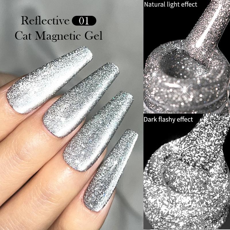 BORN PRETTY Reflective Cat Eye Gel Nail Polish Set With Magnetic Stick 6pcs Blue Cat Magnetic Gel Nail Art Reflective Gel Polish Need UV Lamp DIY At Home Salon Style Nail Care