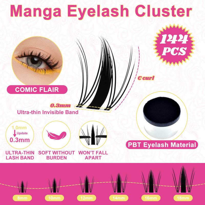 Fowendia Manga Lashes Cluster Lashes C D Curl DIY Lashes Extension Kit and Lash Clusters 8-18mm with Bond, Seal, and Remover - Ultra-Thin Transparent Bands, No-Glue Lower Lashes, Lash magic Anime False Lash Extension Kit Makeup Cosmetic