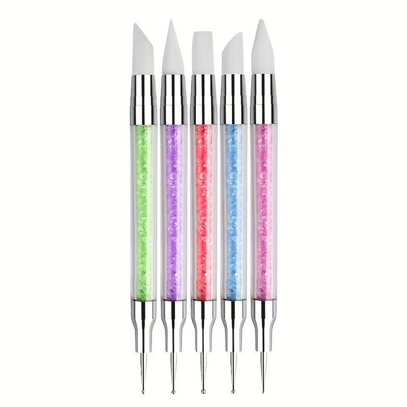 2 In 1 Nail Art Silicone Rhinestone Picking Dotting Pens, 5 Counts Acrylic Carving Emboss Building Brush Tools, Manicure & Pedicure Tools