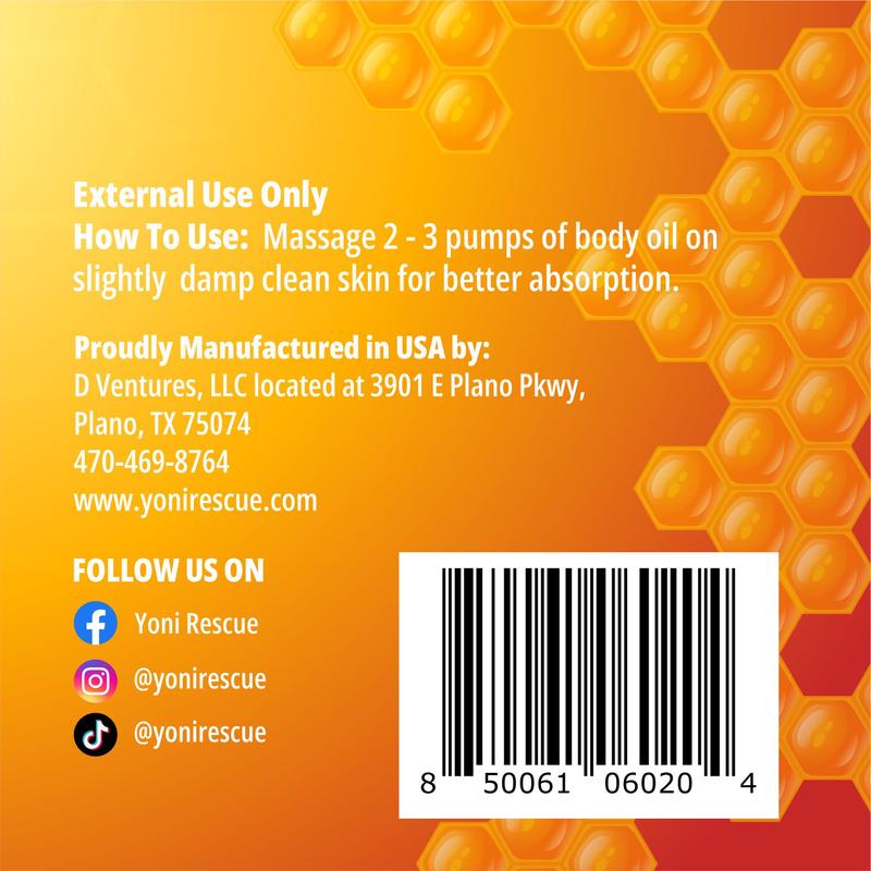 Honey Bae Peach Body Oil, 4oz, with Apricot, Jojoba, Avocado Oils & Vitamin E Oil, Fast-Absorbing, Nourishes and Hydrates Skin, Skin Repair, Body Care, Ideal for All Skin Types, Peach & Honey Fragrance Moisturizer by Yoni Rescue