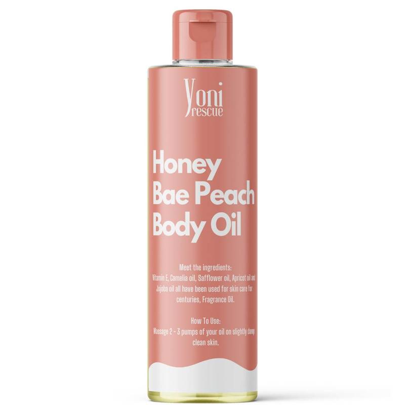 Honey Bae Peach Body Oil, 4oz, with Apricot, Jojoba, Avocado Oils & Vitamin E Oil, Fast-Absorbing, Nourishes and Hydrates Skin, Skin Repair, Body Care, Ideal for All Skin Types, Peach & Honey Fragrance Moisturizer by Yoni Rescue