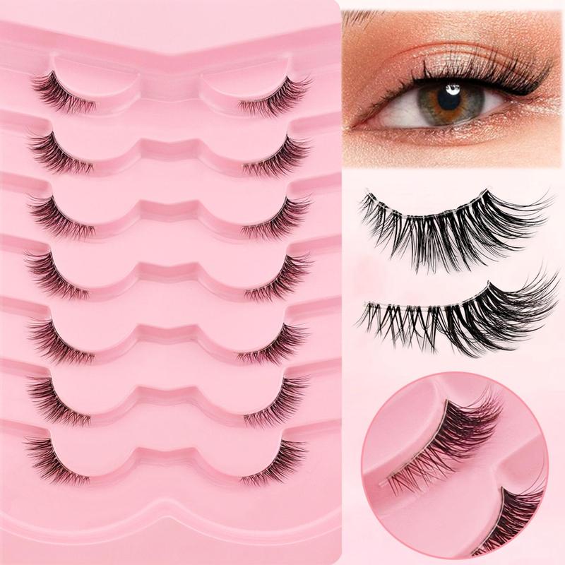 Fluffy False Eyelashes, 7 Pairs tray Wispy Faux Strip Lashes with Clear Stem, Natural Curling Eye Makeup Strip Lashes for Women & Girls, Christmas Gift