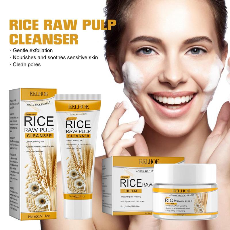 Rice Extract Facial Skincare Kit, 1 Count Moisturizing Facial Cream & 1 Count Deep Cleansing Cleanser, Nourishing Facial Skin Care Products for Women