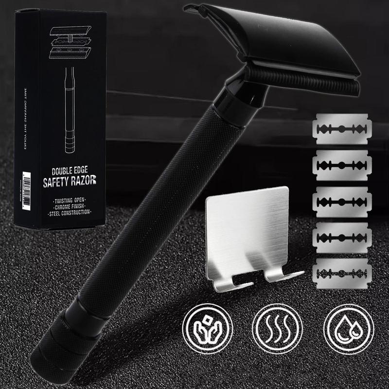 Men's Classic Manual Razor Set, 1 Set Double Edge Razor with 5 Counts Blades & Holder, Professional Manual Shaving Tool for Men