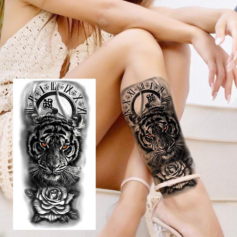 Clock Tiger Rose Tattoo Sticker, 1 Count Fake Tattoo Sleeve Sticker, Waterproof Temporary Tattoo Sticker For Women Men