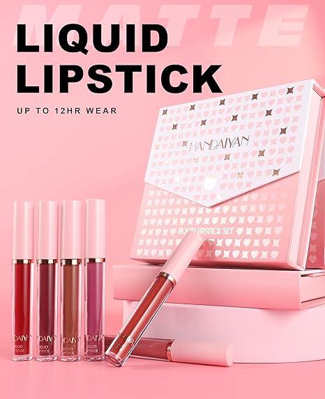 6Pcs Lipstick Makeup Set, Satin Texture Plumping Matte liquid Moisturizing Long-Lasting Wear Non-Stick Cup Not Fade Waterproof Smudge Proof Lip Gloss Suitable for All Occasions Party Festive, Girls and Women Makeup Accessories