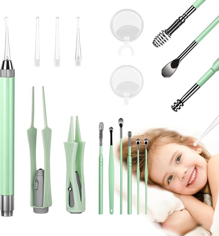 15 Pack Ear Wax Removal Tool Kit with Light - LED Ear Cleaning Kit, Ear Wax Removal for  and Adults, Ear Cleaning Tool, Ear Picker Spoon & Ear Tweezers & Spiral Spring Ear Spoon (Green)