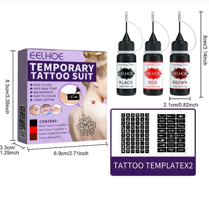 Temporary Tattoo Kit, 1 Box Waterproof Long Lasting Tattoo Pigment & Stencil Set, Body Art Tattoo Kit For Women & Men