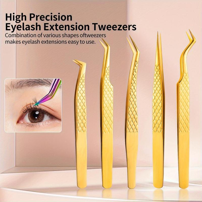 Professional Eyelash Extension Tweezers Set, 5 Counts set Stainless Steel Eyelash Tools, Eye Makeup Tool for Women & Girls