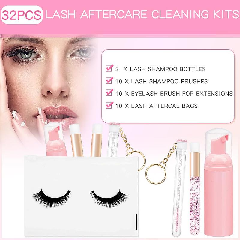 32PCS Lash Shampoo Clean Brush Kits 10pcs Crystal Lash Cleansing Brush 10pcs Disposable Tube Mascara Wands Brush 3pcs Empty Lash Shampoo Bottles Lash Extensions Aftercare (Pink kits) (Pink)