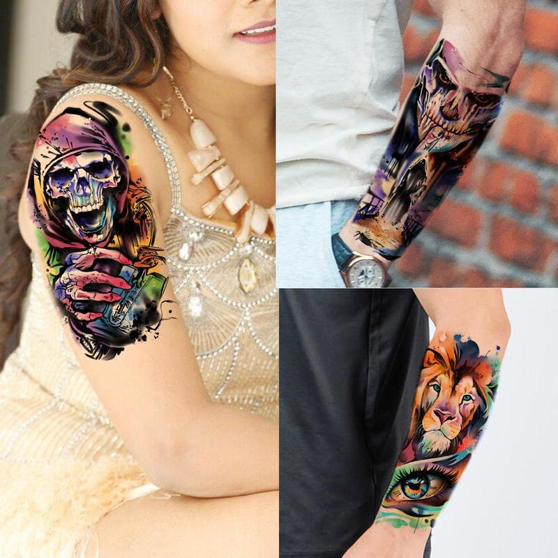 Watercolor Skull & Animals Pattern Temporary Tattoo Sticker, 55pcs set Funny Waterproof Fake Tattoo Sticker, Body Art Sticker for Kids & Adults