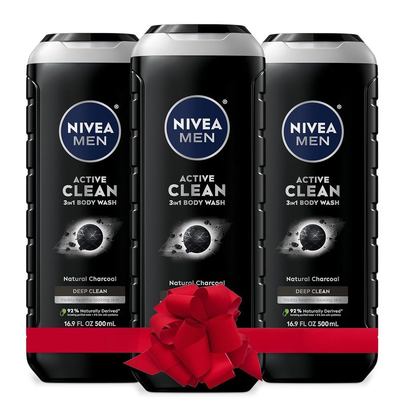 Nivea Men DEEP Active Clean Charcoal Body Wash, Exfoliating Body Wash for Men with Natural Charcoal, 3 Pack of 16.9 Fl Oz Bottles, Holiday Gifts for Men