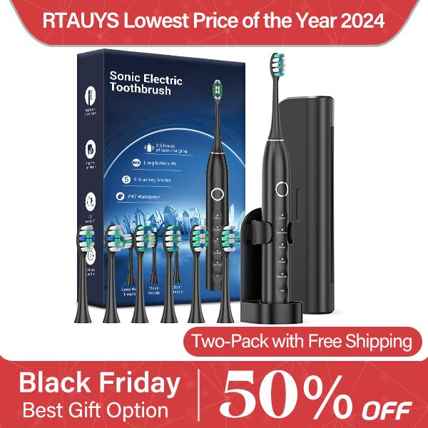 RTAUYS S5 Sonic Electric Toothbrush for Adults with 8 Replacement Brush Heads, 2.5 Hour Battery Life, 2-Minute Timer, IPX7 Waterproof, and Travel Case