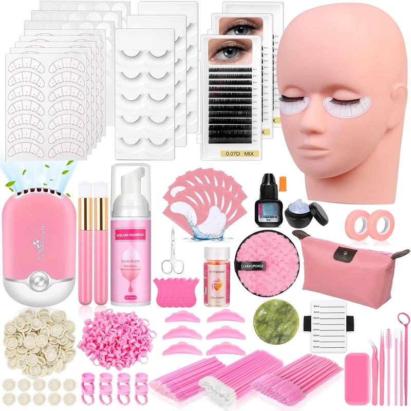 Lashes Kit for Eyelash Extension Beginners 470 count Professional Lash Mannequin Head Practice Kit with Everything Lash Glue Lash Shampoo Lash Fan, Lash Extension Supplies for Practice Training