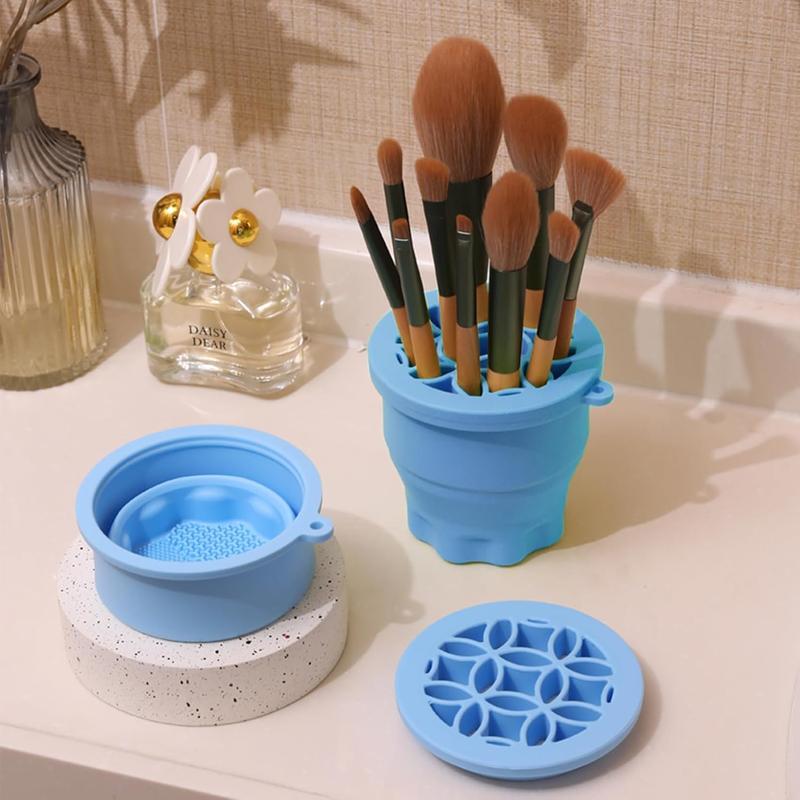 Makeup Brushes Cleaner Mat with Brush Storage Holder,Folding Portable Washing Tool for Makeup Brush Cleaning,2 In 1 Silicone Brush Cleaner Pad & Cosmetic Brush Organizer Rack