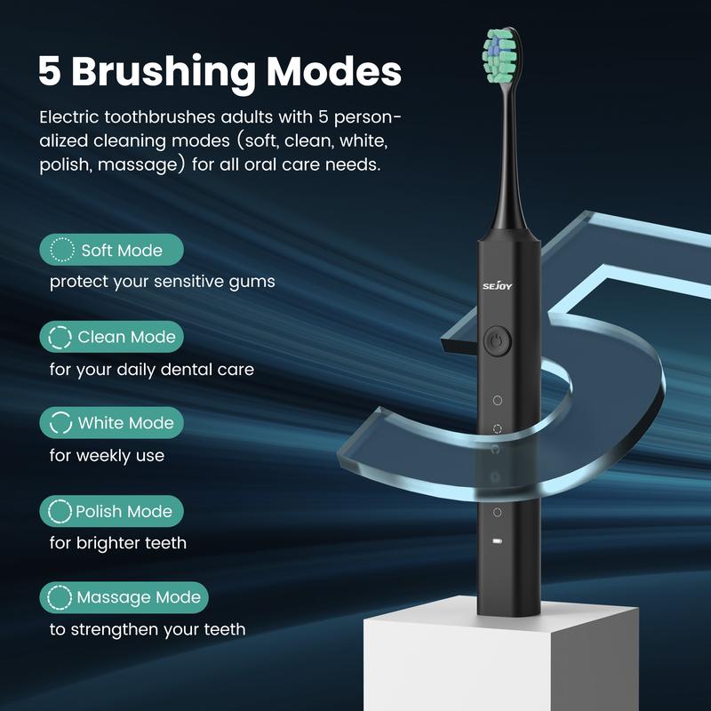 SEJOY Sonic Electric Toothbrush, Rechargeable 5 Modes, 10 Brush Heads, Portable, Travel Case