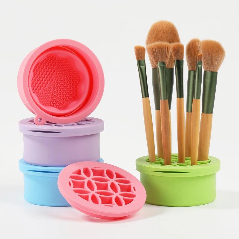 Makeup Brushes Cleaner Mat with Brush Storage Holder,Folding Portable Washing Tool for Makeup Brush Cleaning,2 In 1 Silicone Brush Cleaner Pad & Cosmetic Brush Organizer Rack