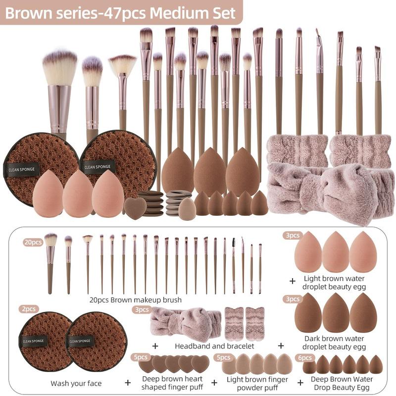 Makeup Tool Set, 27pcs 47pcs Makeup Brush & Headband & Wristband & Sponge & Finger Powder Puff & Cleansing Puff, Multi-functional Beauty Tools for Women, Christmas Gift