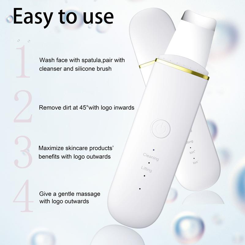 Cordless Ultrasonic Skin Scrubber, Facial Cleaner with High-frequency Vibration Massage, USB Rechargeable Skin Scraper with Four Modes, Summer Facial Pore & Blackhead Cleaner for Woman, Cleansing  Skincare