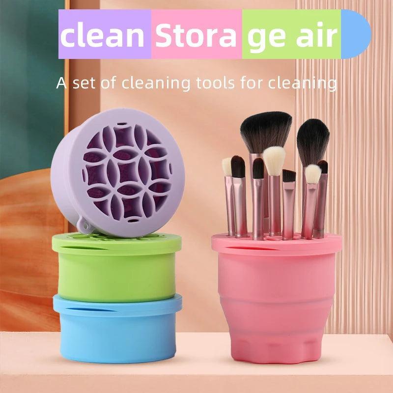 Makeup Brushes Cleaner Mat with Brush Storage Holder,Folding Portable Washing Tool for Makeup Brush Cleaning,2 In 1 Silicone Brush Cleaner Pad & Cosmetic Brush Organizer Rack