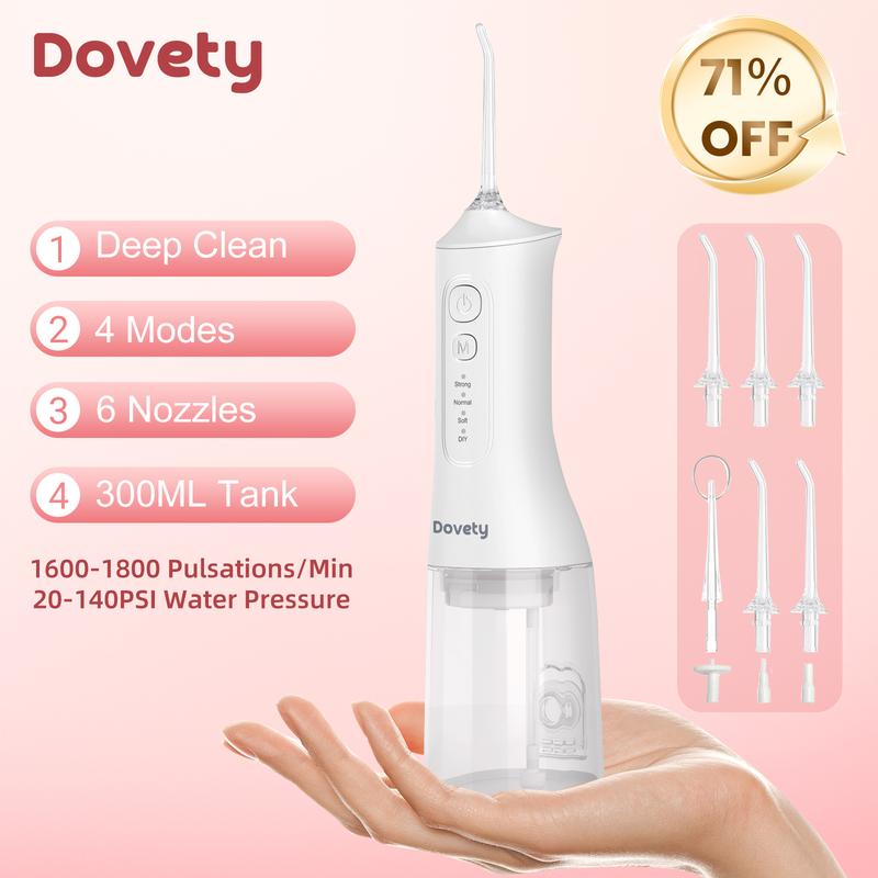 Dovety Water Flosser for Teeth Cleaner, 6 Tips, 4 Modes, 300ML Tank, Rechargeable Oral Irrigator,  IPX7 Waterproof Electric Professional Flossing Teeth Cleaning Gift bathroom accessories