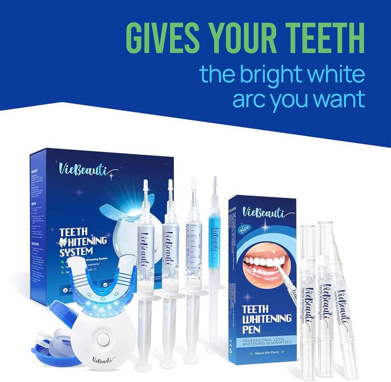 VieBeauti Teeth Whitening Kit Gel: LED Light with Carbamide Peroxide, Mouth Trays, Remineralizing Gel and Tray Case for Sensitive Teeth, Professional Oral Beauty Products Dental Tools