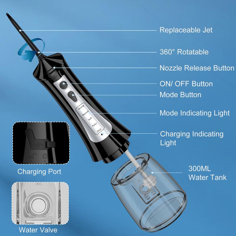 Water Dental Flosser Cordless Teeth Cleaning,5 Modes Oral Irrigator 300ML Portable and USB Cable Rechargeable(Black)