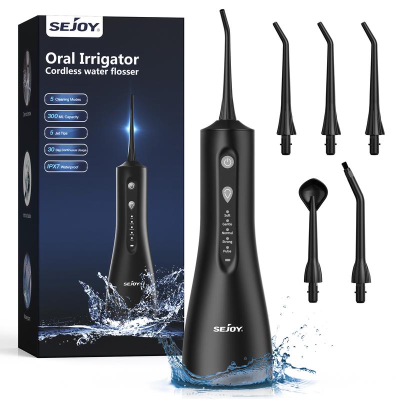 300ml Large Capacity Sejoy Cordless Water Flosser Plus 5 Nozzles & 5 Modes, Rechargeable Lithium Battery, Perfect for Travel Oral Care