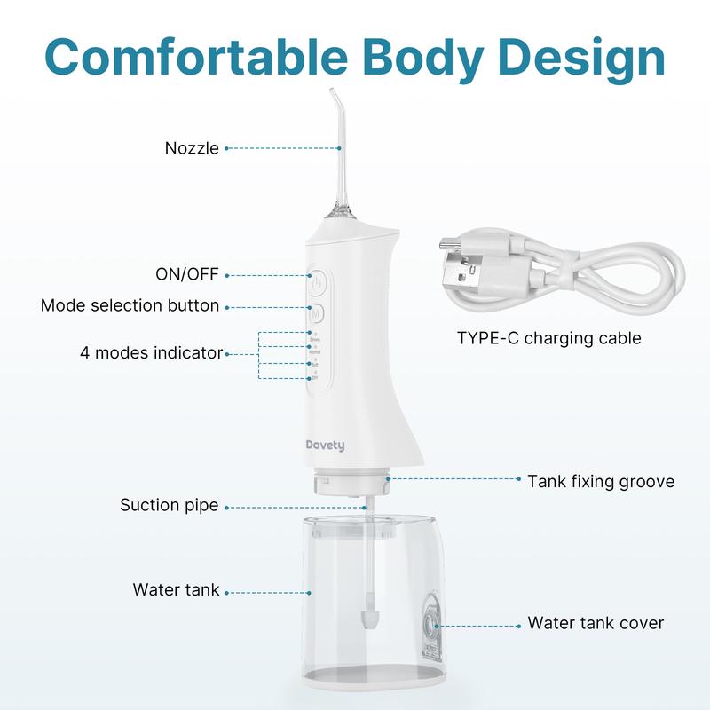 Dovety Water Flosser for Teeth Cleaner, 6 Tips, 4 Modes, 300ML Tank, Rechargeable Oral Irrigator,  IPX7 Waterproof Electric Professional Flossing Teeth Cleaning Gift bathroom accessories