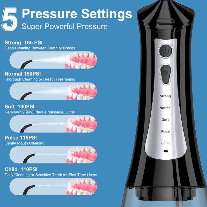 Water Dental Flosser Cordless Teeth Cleaning,5 Modes Oral Irrigator 300ML Portable and USB Cable Rechargeable(Black)