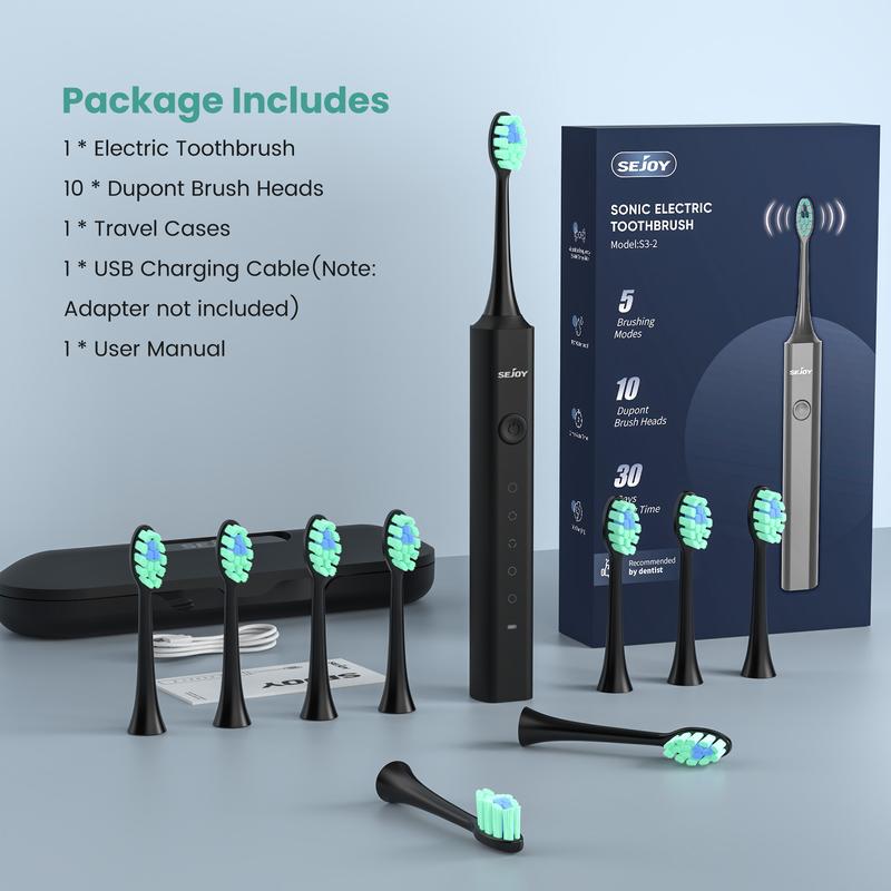 SEJOY Sonic Electric Toothbrush, Rechargeable 5 Modes, 10 Brush Heads, Portable, Travel Case