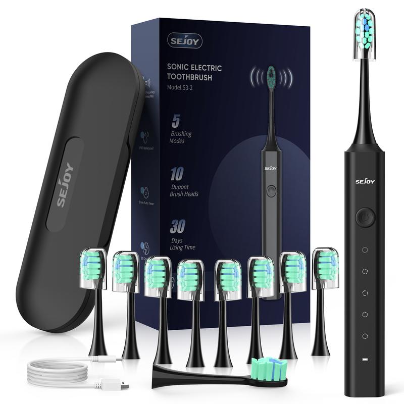 SEJOY Sonic Electric Toothbrush, Rechargeable 5 Modes, 10 Brush Heads, Portable, Travel Case