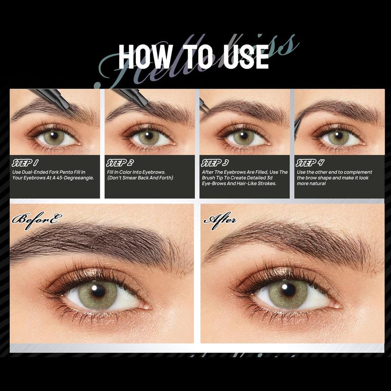 Curved Eyebrow Pen-Microblading, liquid, Hello Kiss 2-in-1 Dualended with Micro-Ford-Tip Applicator, Waterproof and Long Lasting Makeup Cosmetic