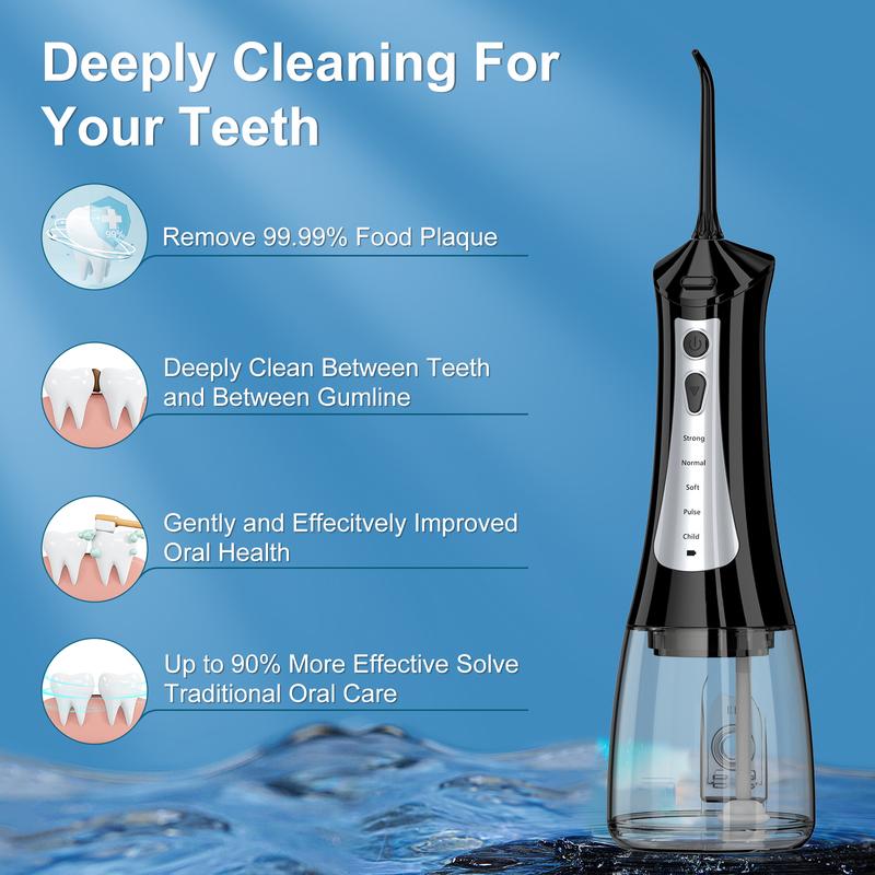 Water Dental Flosser Cordless Teeth Cleaning,5 Modes Oral Irrigator 300ML Portable and USB Cable Rechargeable(Black)