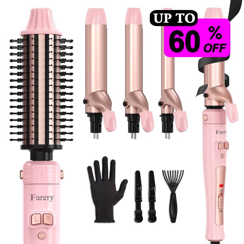 FARERY 4 in 1 Interchangeable Automatic Rotating Curling Iron & Thermal Brush Set, Instant Heat 410°F, Pink