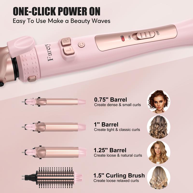 FARERY 4 in 1 Interchangeable Automatic Rotating Curling Iron & Thermal Brush Set, Instant Heat 410°F, Pink