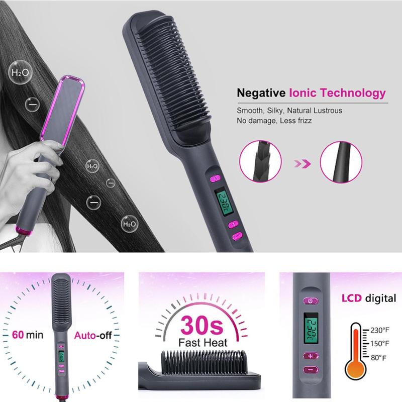 Hair Straightener and Volumizer - Hair Straightener Comb with Built-in Ceramic Heating Plate, Fast Heating & 3 Temp Settings & Anti-Scald, for Salon at Home, Gift for Women