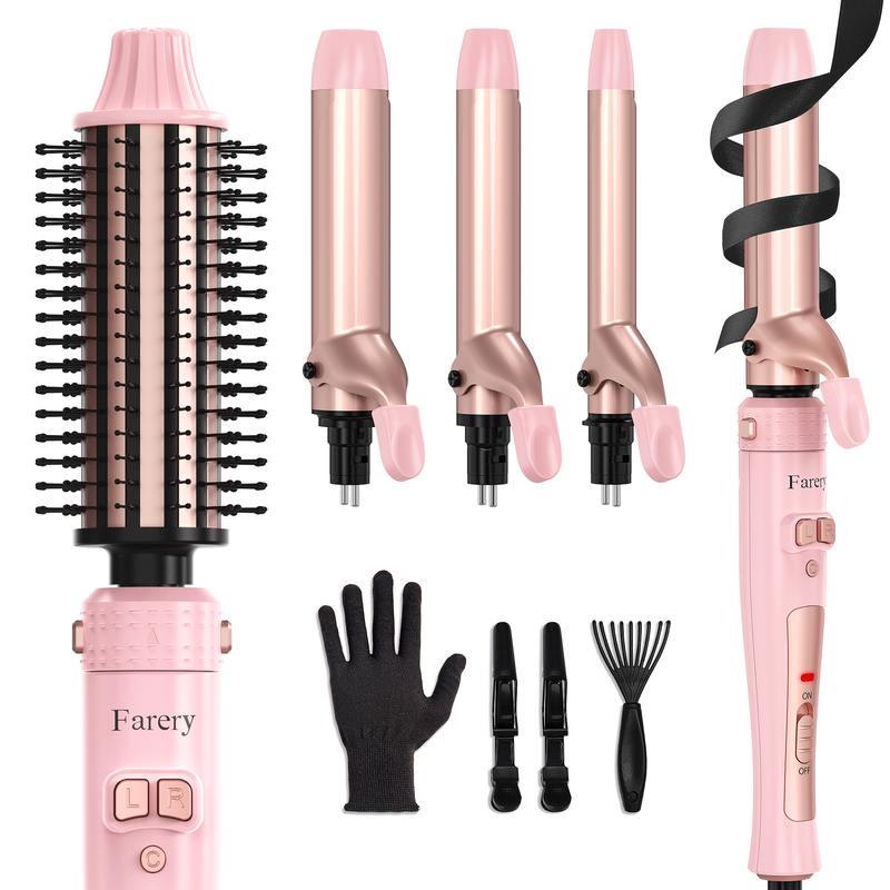 FARERY 4 in 1 Interchangeable Automatic Rotating Curling Iron & Thermal Brush Set, Instant Heat 410°F, Pink