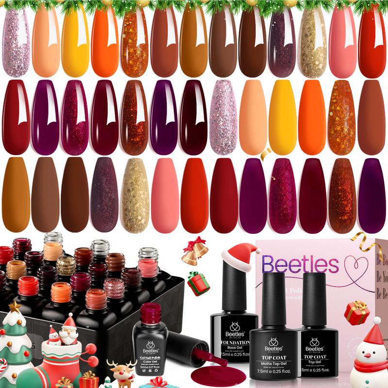 Beetles 23Pcs Fall Gel Nail Polish Kit Autumn Winter 20 Colors with Base&Top Coat Orange Brown Burgundy Red Yellow Gel Polish Set Soak off UV Golden Glitter Holiday Glossy Nail Art Set Gift for Women Girls