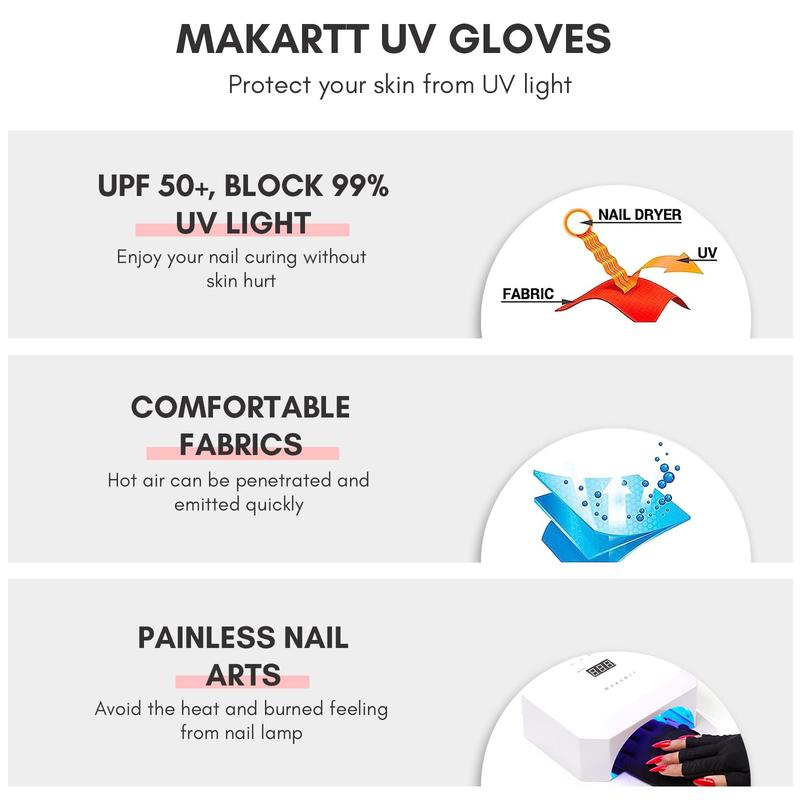 Makartt UV Gloves for Nail Lamp Gel Curing, UPF50+ UV Protection Gloves for Manicures Dryer, Fingerless Anti UV Protect Hands From UV Harm, Nail Art Skin Care Gloves for UV Gel Nail Light, Black Nail Care Nail Polish