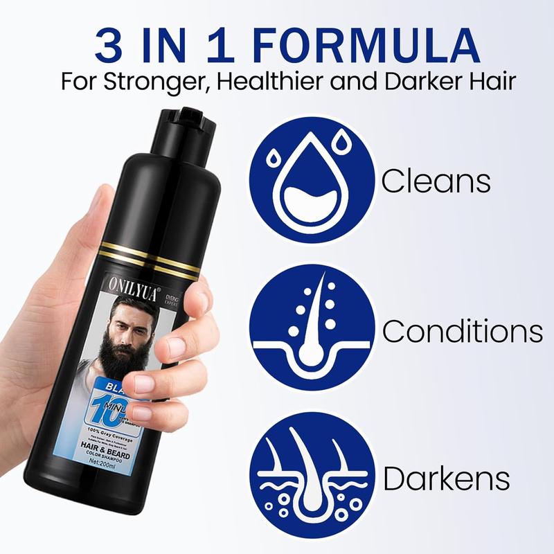 Men's 3-in-1 Beard Color Shampoo Instant 10 Mins Dye Black for Mustache Beard Darkening Hair Dye Haircare