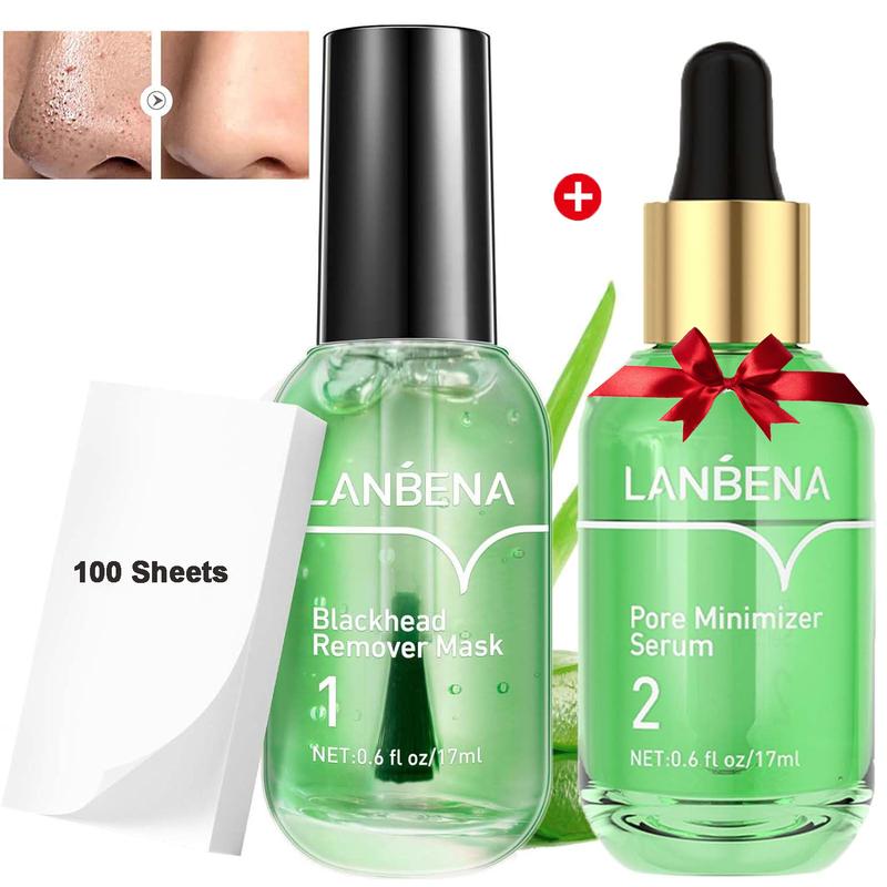  LANBENA 2 in 1 Green Tea Oil Blackhead Remover Serum Peel Off Mask 100 Sheet Paper Strips for Pores, Nose, Chins & Face