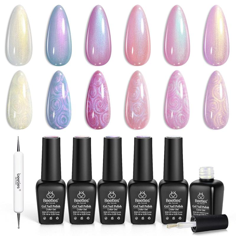 Beetles Pearl Gel Nail Polish, 6 Colors Shimmer Pearl White Pink Purple Mermaid Nail Drawing Gel Polish Soak Off Uv Led Gel Polish Swirl Shell Thread Effect DIY Manicure Gift for Girls Women