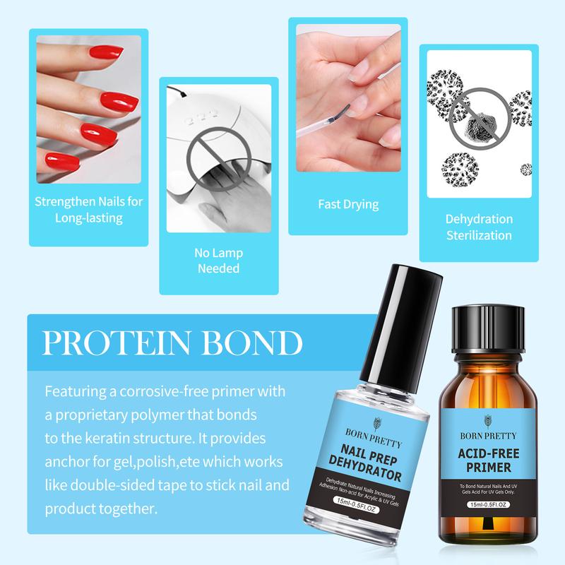 BORN PRETTY Natural Nail Prep Dehydrate and Bond Primer Acid-Free,15ml Dehydrator for Acrylic and Gel Nail Polish, Non Acid Primer for UV Gels Fast Dry Superior Bonding Agent Gift Box Set For Nail Art Nail Care