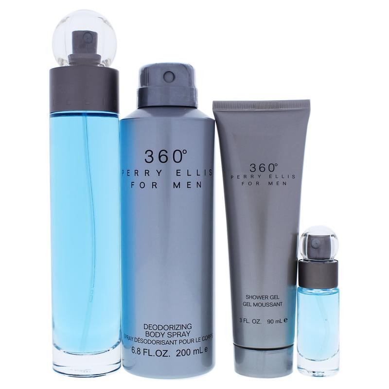 360 by Perry Ellis for Men - 4 Pc Gift Set 3.4oz EDT Spray, 6oz Deodorizing Body Spray, 3.0oz Shower