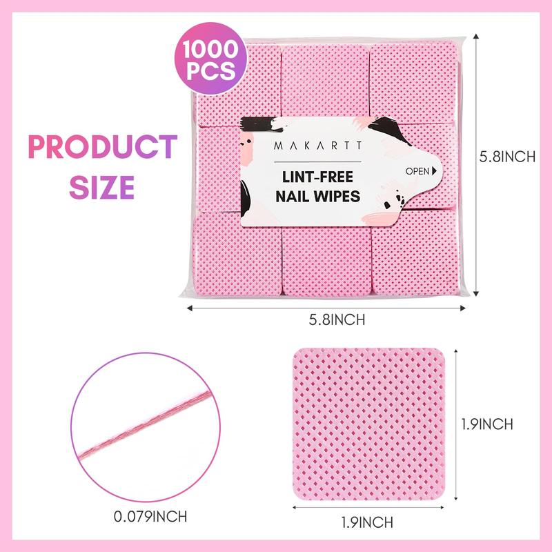 Makartt Pink Lint Free Nail Wipes for Gel Nail Polish Remover, 1000pcs Super Absorbent Soft Nail Wipes Gel Pads for Eyelash Extensions Remover, Nail Prep, Cleaning Glue, Lint Free Cotton Pads Cleanser Nail Care Manicure Cleansing