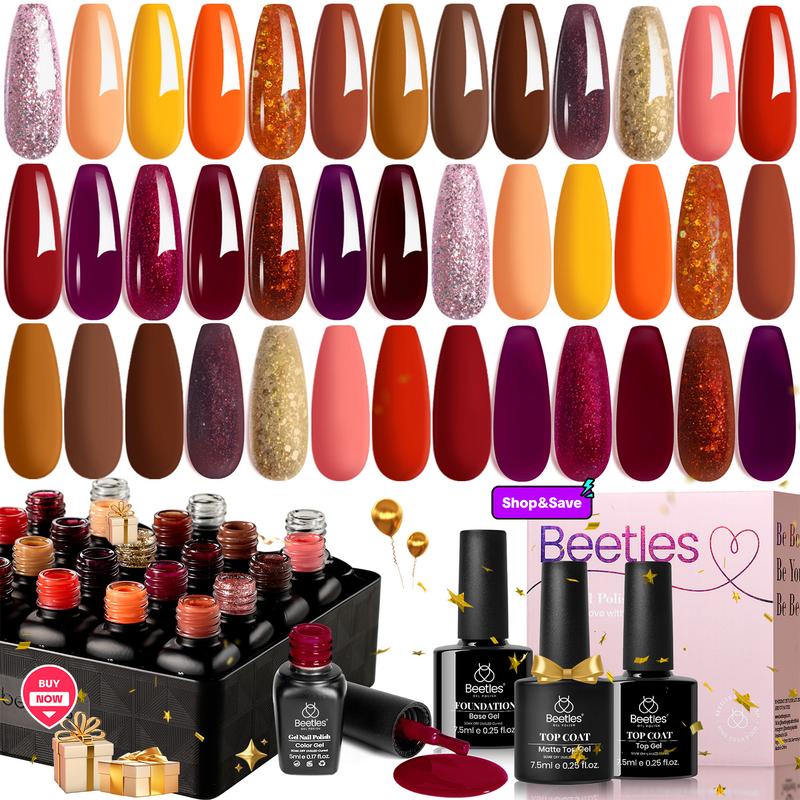 Beetles 23Pcs Fall Gel Nail Polish Kit Autumn Winter 20 Colors with Base&Top Coat Orange Brown Burgundy Red Yellow Gel Polish Set Soak off UV Golden Glitter Holiday Glossy Nail Art Set Gift for Women Girls